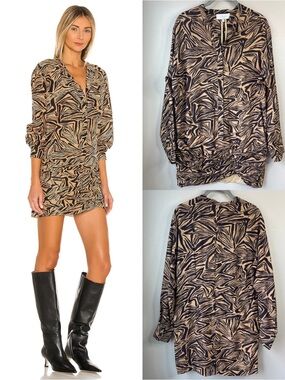 L'Academie Mini Dress Tan Brown Zebra Print Ruched Silk Blend Long Sleeve S